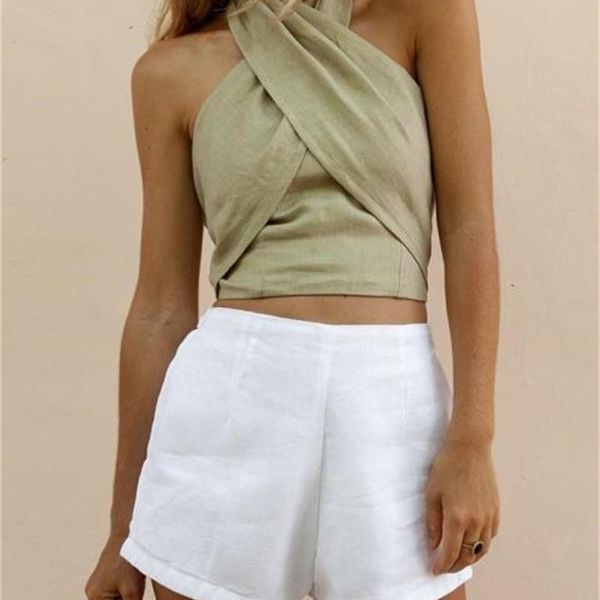 

women's criss cross tank summer sleeveless halter neck solid color crop bandage vest female outwear outfits 220316, White