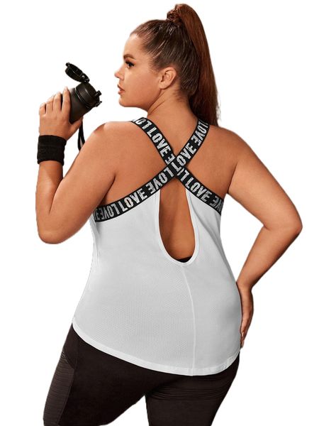 

plus letter tape criss cross cut out back sports tank y3po#, Black