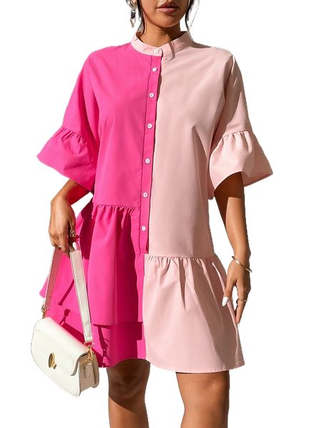 

two tone flounce sleeve shirt dress g29q#, Black;gray