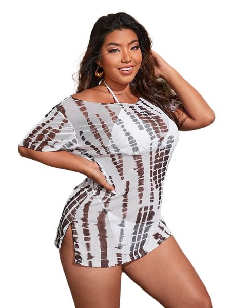 

plus tie dye split halter triangle bikini swimsuit with cover up k6jq#, White;black