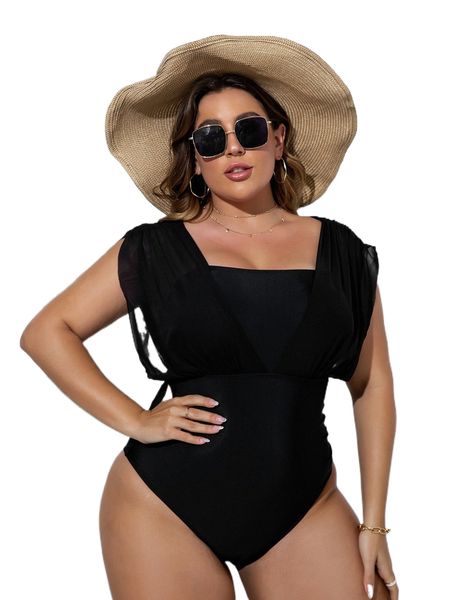 

plus square neck contrast mesh one piece swimsuit y3dl#, White;black