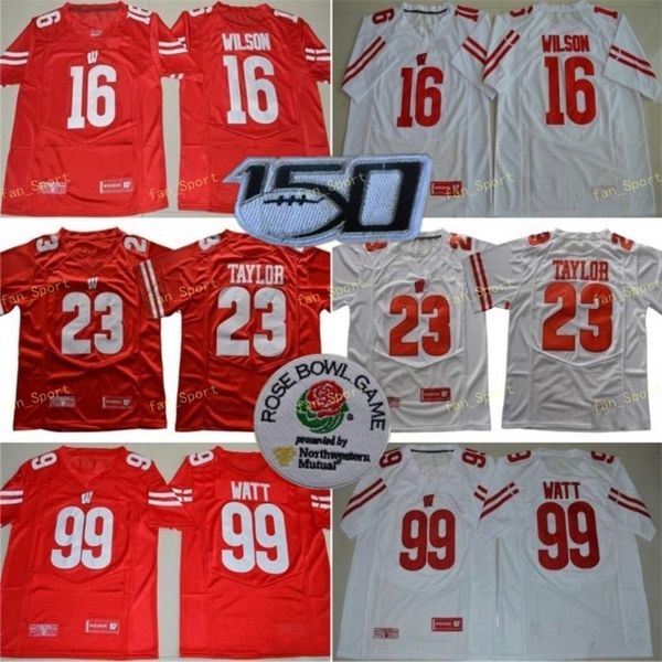 Nik1 NCAA Wisconsin Badgers College Football 16 Maglia Russell Wilson Uomo 99 JJ Watt 23 Jonathan Taylor Rosso Bianco