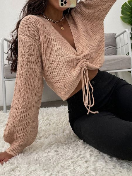 

lantern sleeve drawstring ruched front sweater j4ev#, White;black