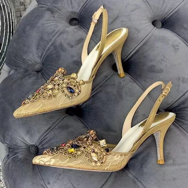 

golden lace shiny colorful crystal high heels sandals all season leather pointend toe wedding shoes fashion ladies nightclub shoes, Black