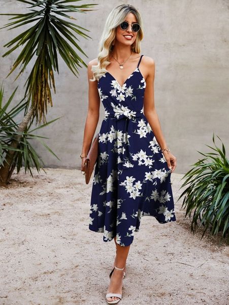 

floral print belted cami dress r7kx#, Black;gray