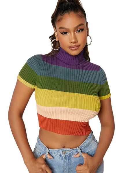 

retro rainbow stripe ribbed knit turtle neck knit 29di#, White;black