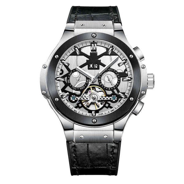 

huiya06 luxury mens watch tourbillon skeleton dial superocean automatic mechanical 1884 galaxy silver sea wolf steel watch, Slivery;brown