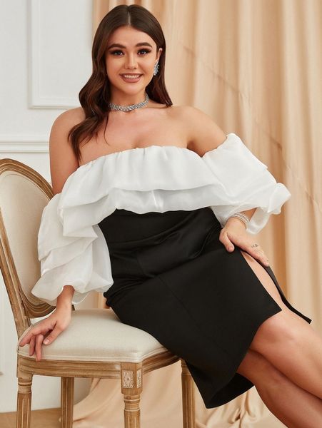 

plus off shoulder tiered layer lantern sleeve two tone dress e7gt#, Black