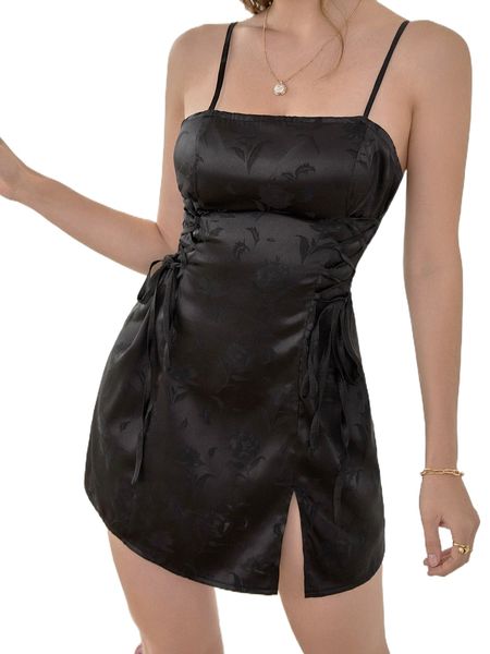 

criss cross drawstring lace up split hem cami dress 09c1#, Black;gray