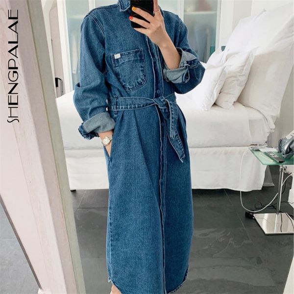 

shengpalae 2020 new fashion autumn long fund lapel single breasted with belt demin trench coat women loose windbreaker fv257 t200805, Tan;black