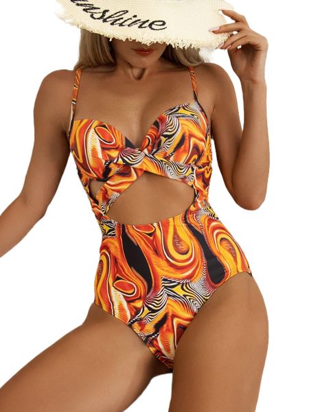 

allover print cut out underwire push up one-piece swimsuit w34q#, White;black
