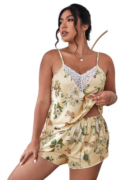 

plus floral print contrast lace pj set l7s9#, Black;white