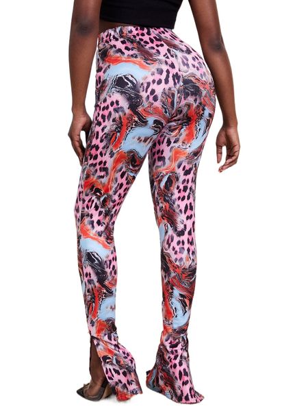 

sxy leopard and marble print split hem pants s24j#, Black;white
