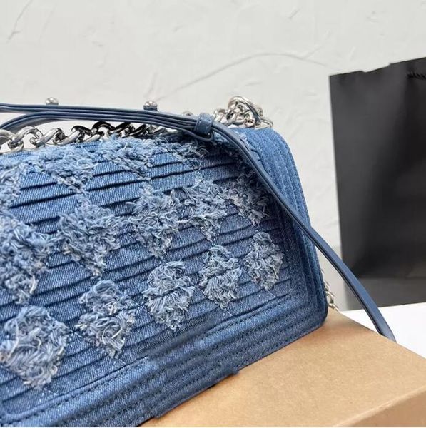 

tz women's vintage blue denim boy crossbody bags silver metallic chain leather adjustable shoulder strap messenger pocket luxury design
