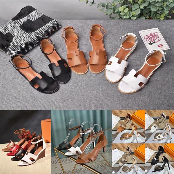 

designer women sandals santorini sandal summer beach slides classic calfskin leather shoes casual flat wedge heel shoe fashion bro264l, Black