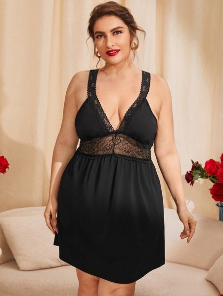 

plus contrast floral lace cami nightdress without panty y3s5#, Black;white