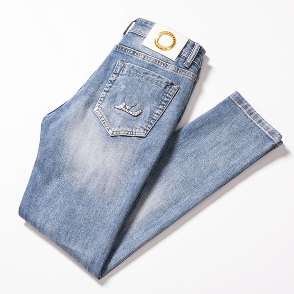 

summer light color jean men slim small feet stretch print fashion bottoms, Blue