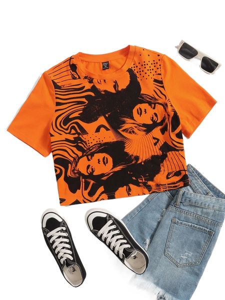 

plus figure graphic crop tee 92j2#, Black
