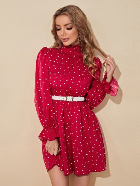 

confetti heart print flounce sleeve shirred neck dress u67l#, Black;gray