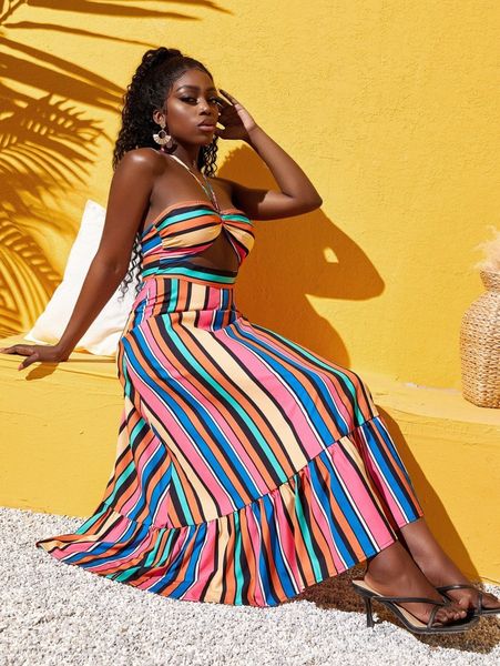 

sxy striped print cut out front ruffle hem halter dress n4sq#, Black;gray