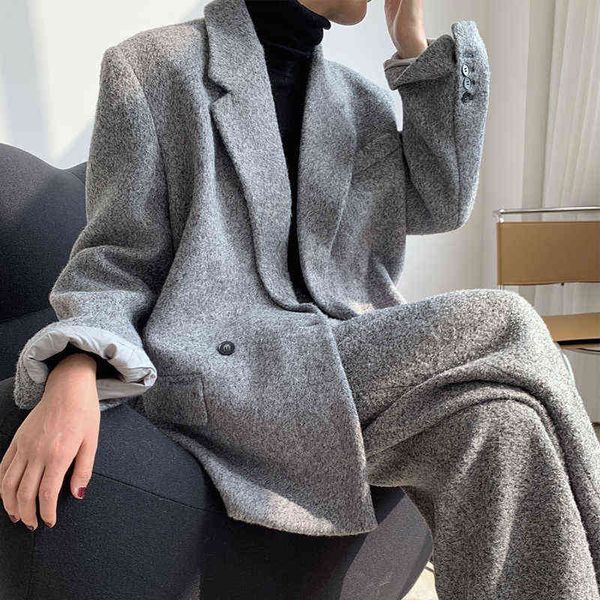 

winter women casual solid color doublebreasted pocket decoration loose jacket j220813, White;black