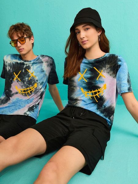 

1pc tie dye expression print tee 67hg#, White;black