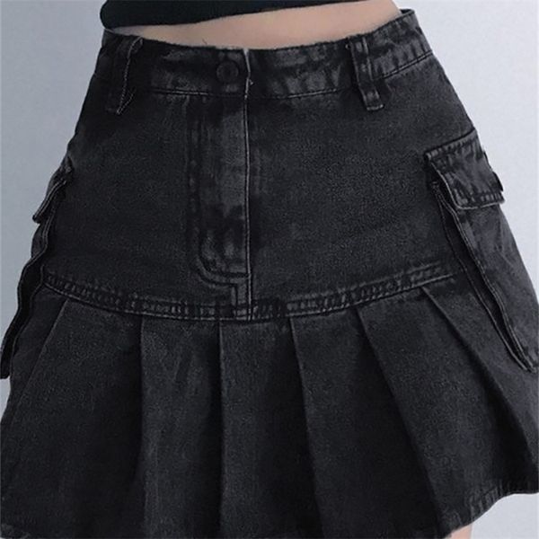 Allneon shopping goth y2k cintura alta jean saias egirl estética preto denim saias plissadas com grandes bolsos grunge punk outfits 220701