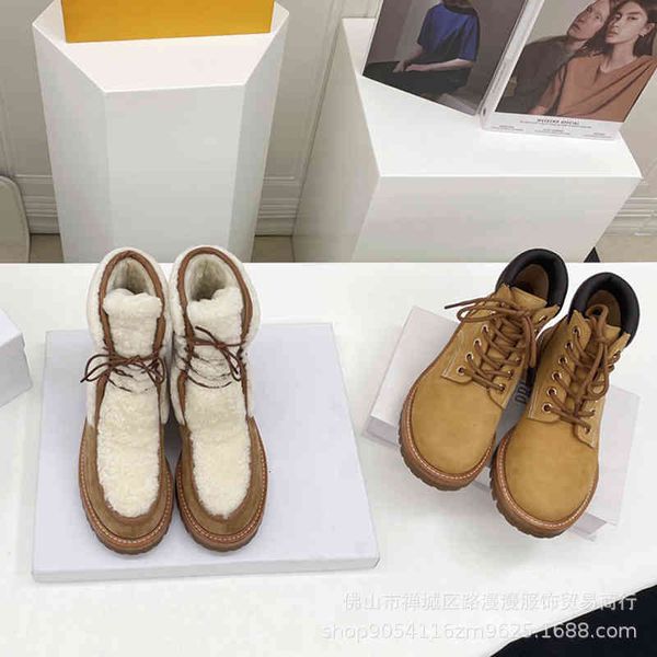 

boots arc de triomphe martin boots women's lace up round head thick bottom middle tube plush thickened warm fur short, Black