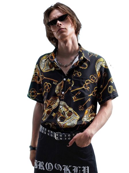 

romwe goth guys skull & key print shirt without tee s8in#, White;black