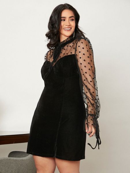 

plus contrast polka dot mesh flounce sleeve bustier velvet dress y5jm#, Black