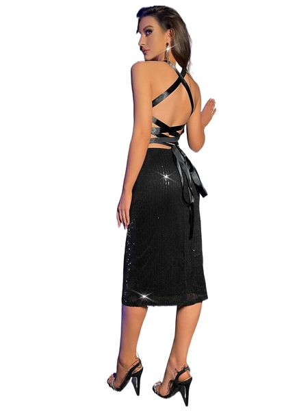 

lace up backless split thigh sequin dress e0du#, Black;gray