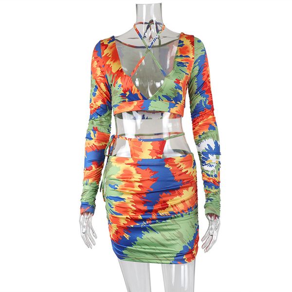 

casual dresses fashion printed v-neck lace up long sleeve halter dress hip wrap skirt set, Black;gray