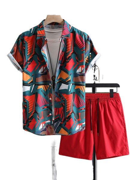 

men geo print shirt & drawstring waist shorts without tee h6wc#, Gray