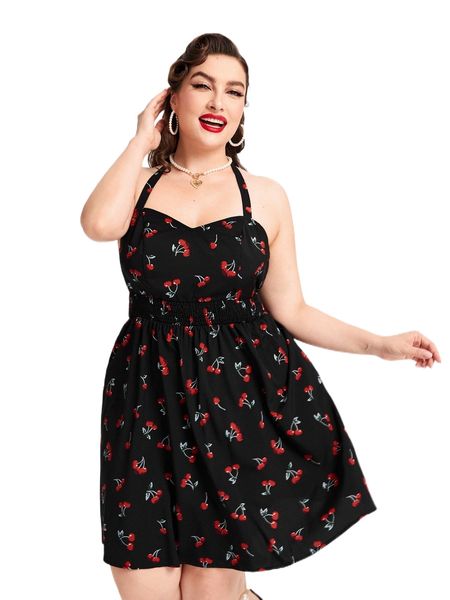 

plus allover fruit print tie back halter dress f6ss#, Black