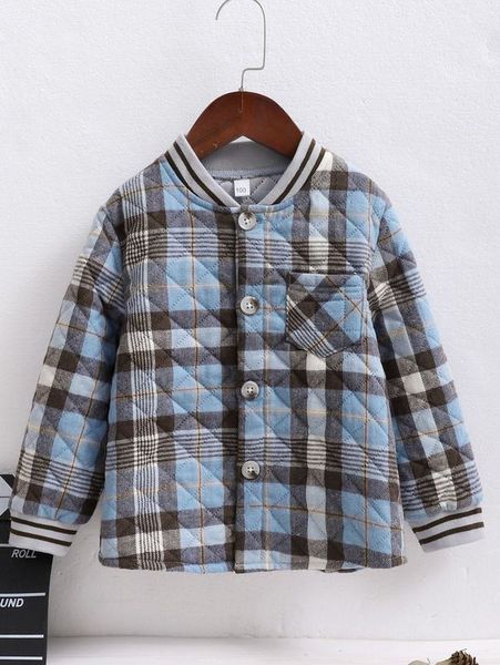 

toddler boys plaid print pocket patched striped trim quilted coat she, Blue;gray