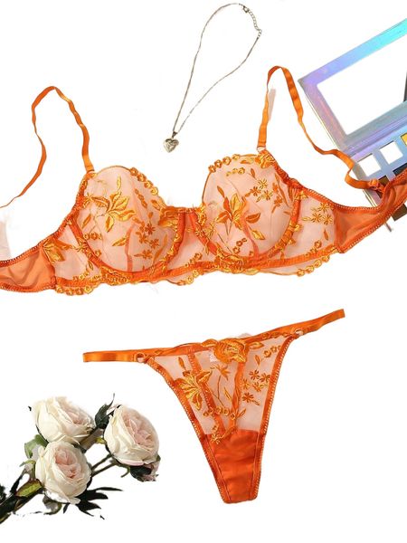 

plant embroidery mesh underwire lingerie set j2mk#, Black;red