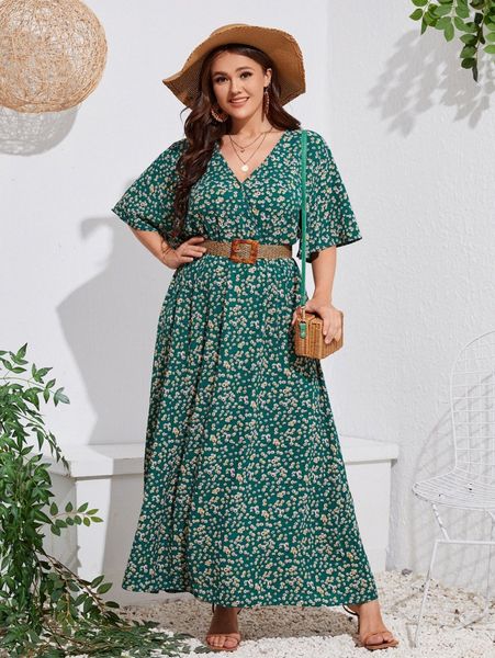 

plus ditsy floral print surplice front dress without belt 5825#, Black