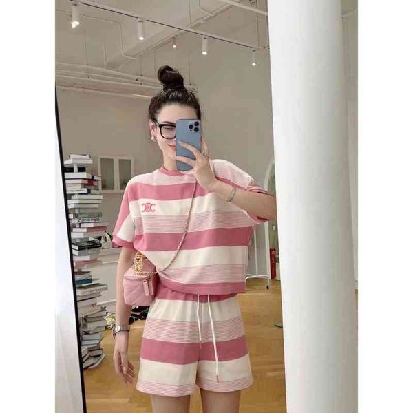 

2022 summer new color contrast stripe knitted ice silk round neck short sleeve elastic waist tether shorts set, White