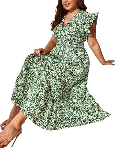 

plus ditsy floral shirred overlap collar flutter sleeve ruffle hem dress 75cg#, Black