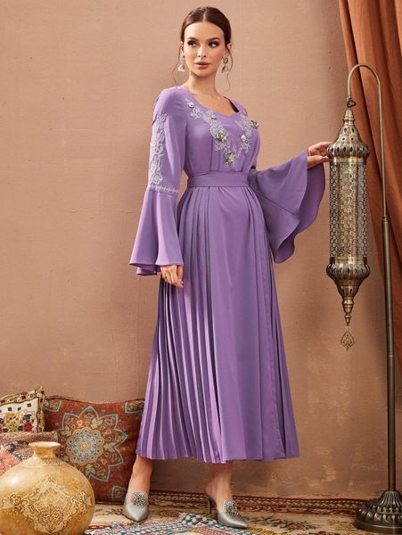 

floral embroidery appliques flounce sleeve tie back pleated dress 99cm#, Black;gray