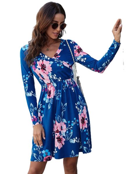 

dearcase floral print surplice neck dress c0nl#, Black;gray