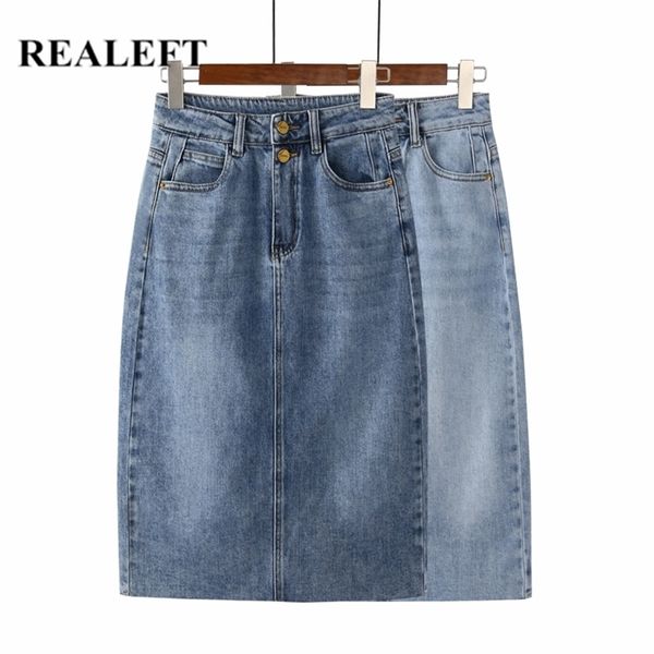 

realeft spring summer vintage women's denim skirt high wasit jeans skirt straight female a-line pencil back split skirt 210315, Black
