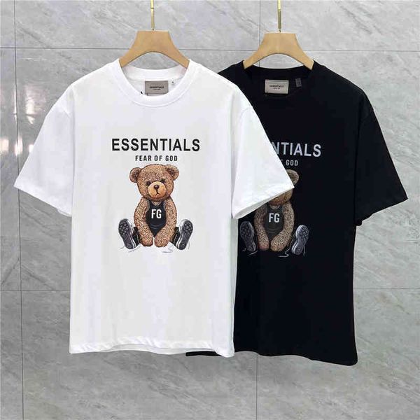 

bear double thread chest letter high street loose short sleeve t shirts men's and women's fashion ins young the same versatile str, White;black