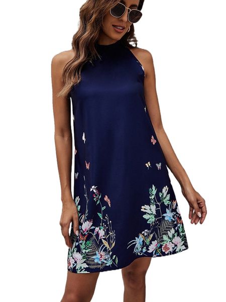 

butterfly & floral print tunic dress m9hc#, Black;gray