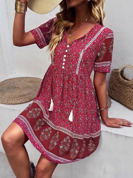 

floral print tassel tie neck guipure lace insert dress 56z3#, Black;gray