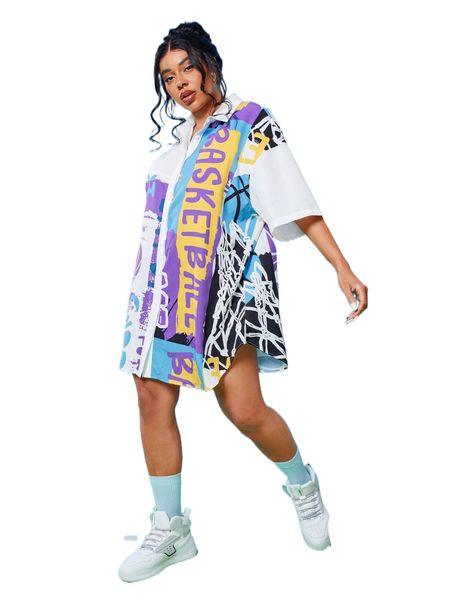 

plus drop shoulder basketball print blouse e2az#, Black