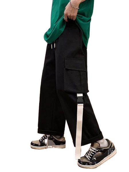 

men flap pocket side drawstring waist cargo pants n0h2#, Black