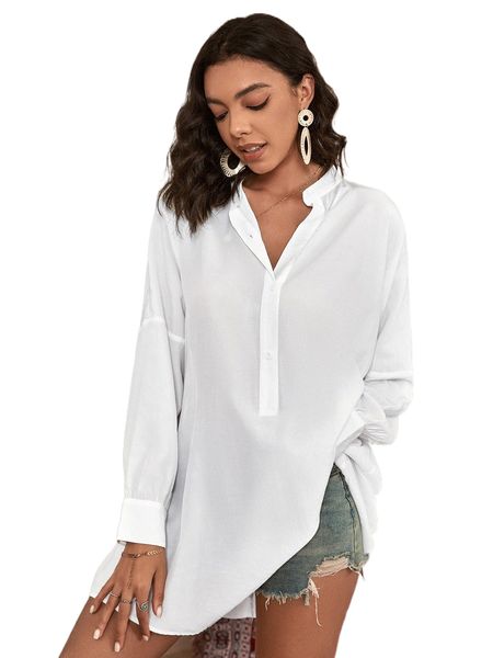 

batwing sleeve half button blouse without belt w3a9#, White
