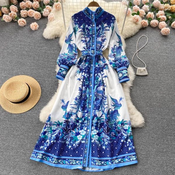 

new women casual dresses spring autumn floral print button lady full dress a line stand collar chiffon single breasted dresses 2022, Black;gray
