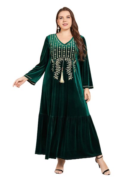 

plus plant & geo embroidery single tassel ruffle hem velvet dress z5kp#, Black